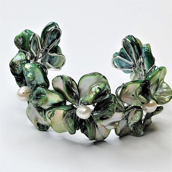 Green Pearl Adjustable Cuff Bangle Bracelet- NEW - Picture 6 of 13